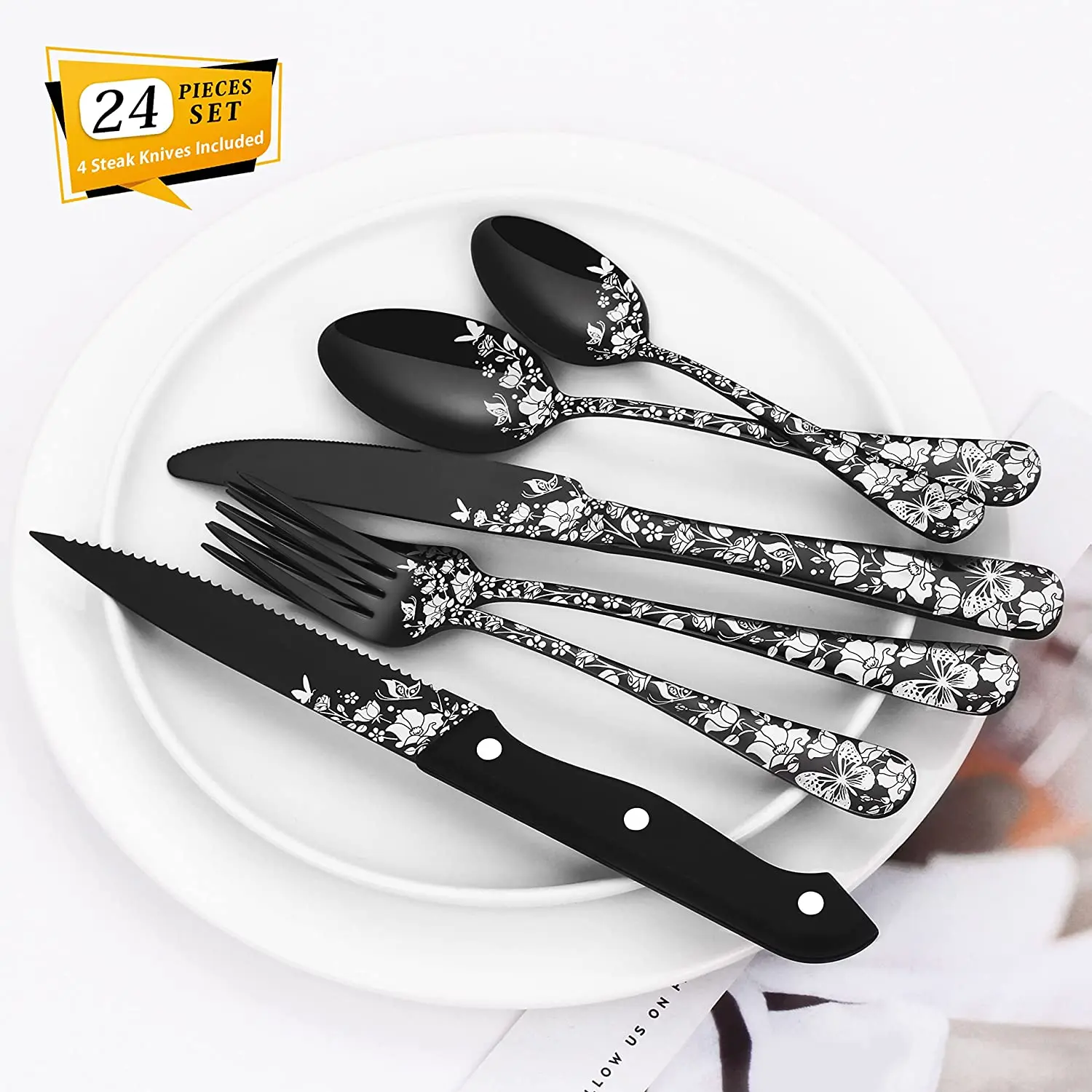 24pcs Silverware Sets, Flatware Set , Stainless Steel Cutlery Sets for Home Kitchen Restaurant Hotel, Dishwasher Safe