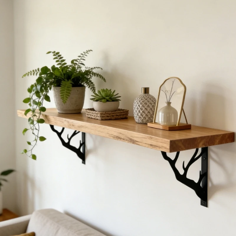 Decorative Wall Shelf Brackets, Open Branch Design in Black Iron, L-Form Support Frames, 1 Pair for Wall Shelf Boards B03E