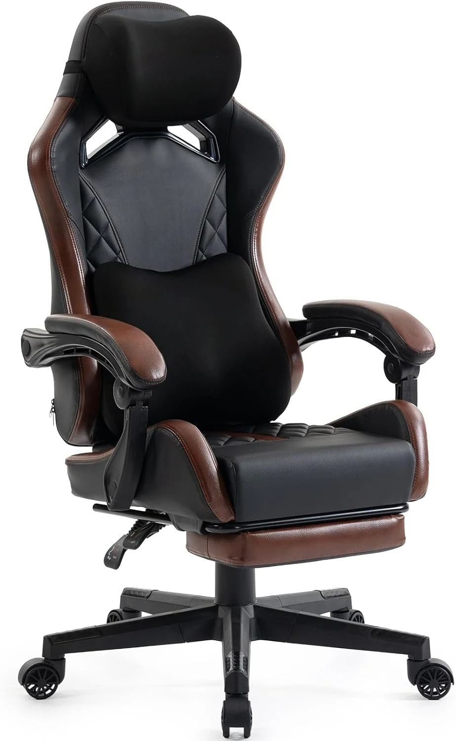 Gaming Chair Ergonomic for Adults with Footrest - PU Leather with Memory Foam Headrest & Lumbar Pillow Black & Brown