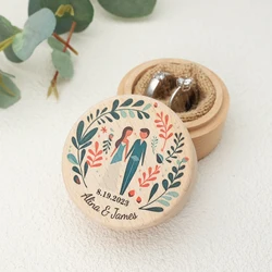 Personalized Wedding Ring  Box With Engraved Name and Date,Rustic Wooden Ring Holder with Mountain and Leafs Design