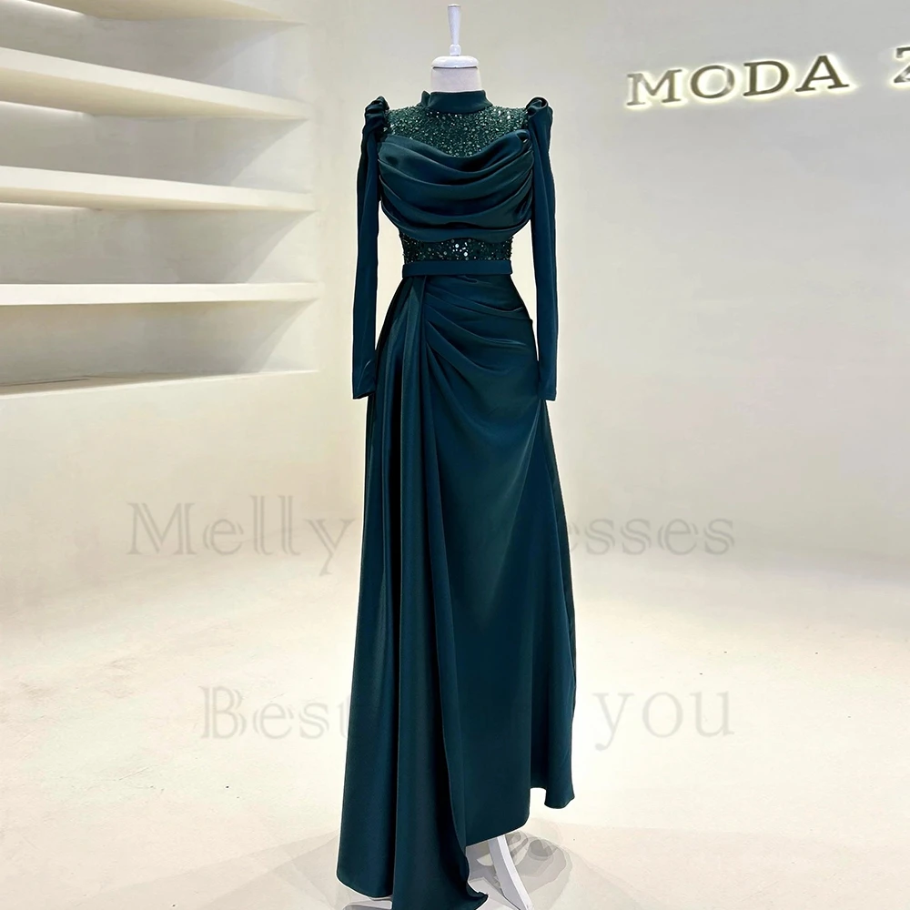 Black High Neck Islamic Evening Dresses with Sequined Satin Prom Gowns 2024 Summer Real Picture Zipper Robe De Soirée