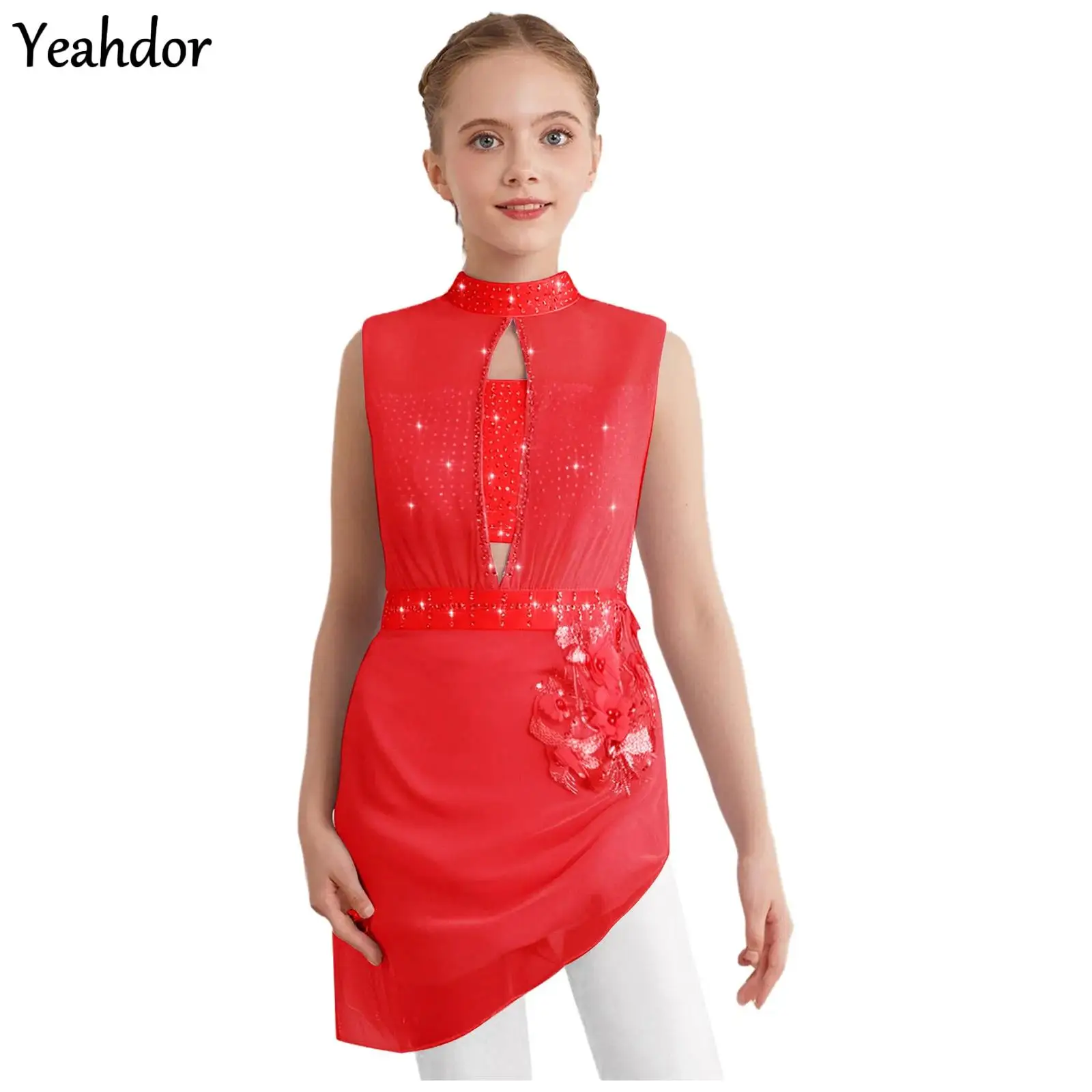 

Girls Gymnastics Ballet Dance Dress Sleeveless Sheer Mesh Rhinestone Tutu Leotard Dress Figure Skating Dance Performance Clothes