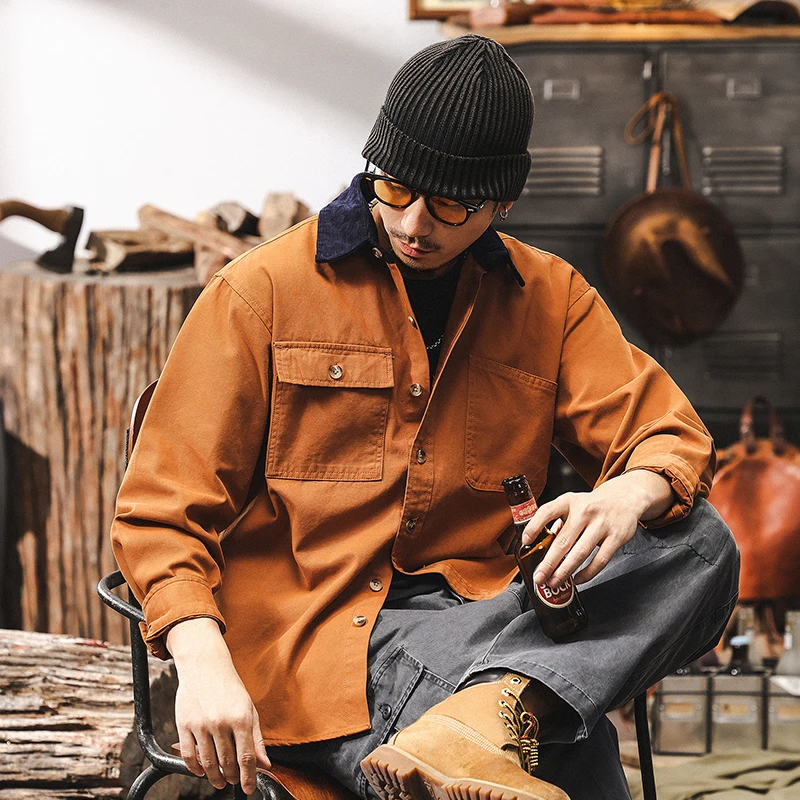 

Spring and Autumn's new retro cotton long-sleeved shirt for men, a trendy and casual shirt jacket for men