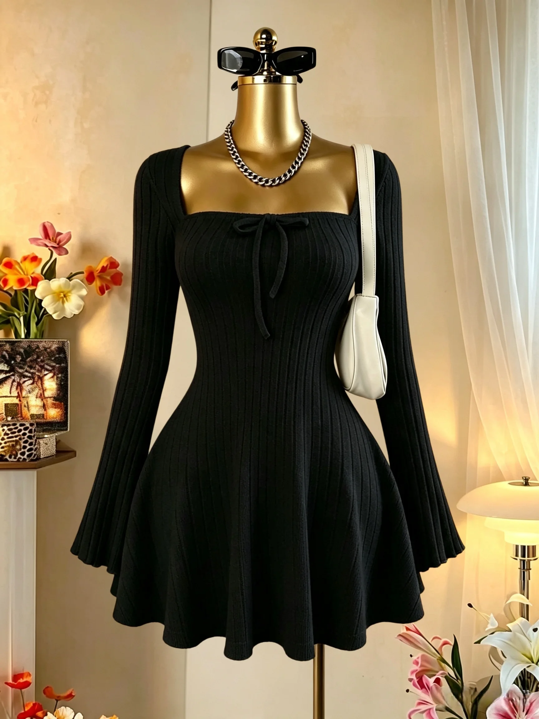 Damen-Minikleid mit quadratischem Ausschnitt, vorne gebunden, gerippt, ausgestellter Rock, lange Ärmel, tailliert, A-Linie, Y2K, sexy Kleid – Detail 2