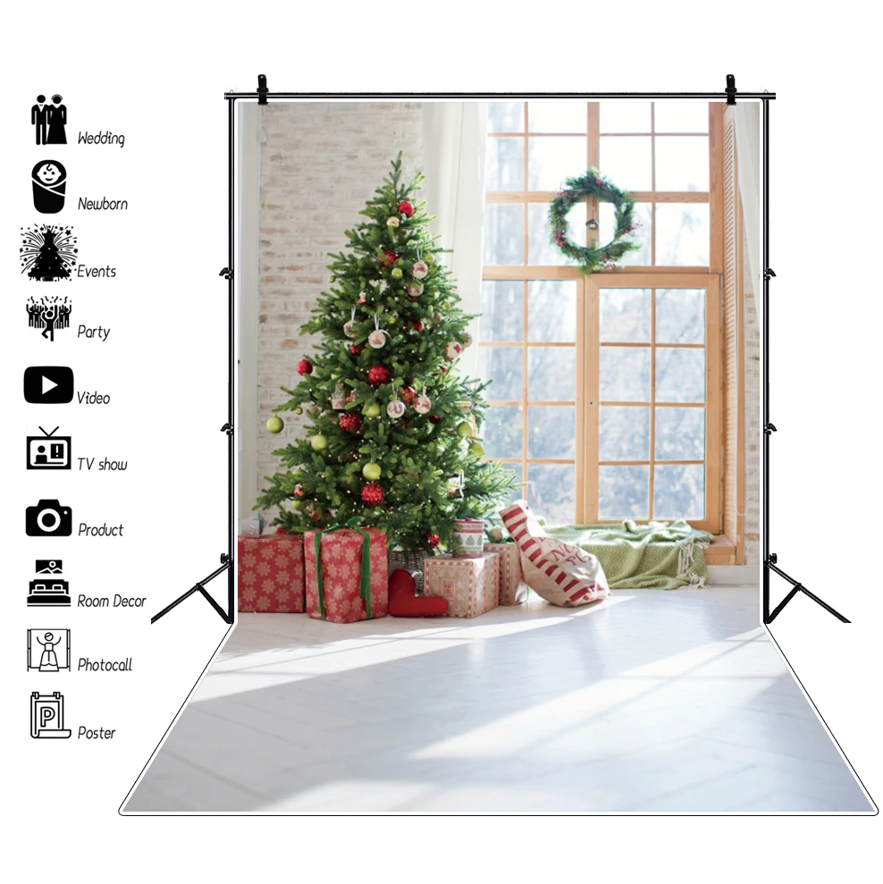 

Christmas Festivals Tree Gift Wreath Garland Window Rural House Interior Photo Background Photo Backdrop Photo Studio