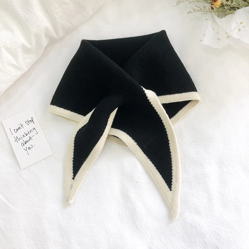 Korean Female Solid Color Triangular Scarve Winter Woolen Knit Elastic Bow Cross Warm Scarfsoft False Collar Neck Guard Bib