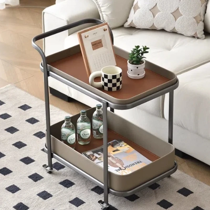 ‌Italian Minimalist Side Table | Large Capacity Double Layer Trolley | Saddle Leather Corner Table | Creative Home Storage Shelf