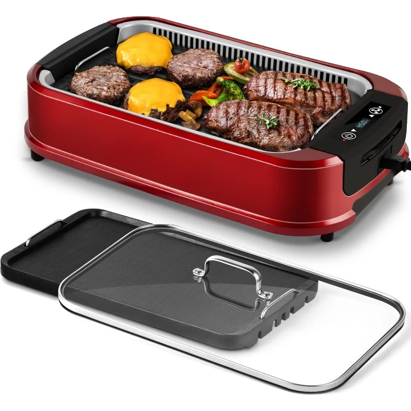 home.Indoor Grill,  Smokeless Grill Indoor, Electric Grill Griddle,   Non-stick Removable Grill Plate & Griddle Plate, Red