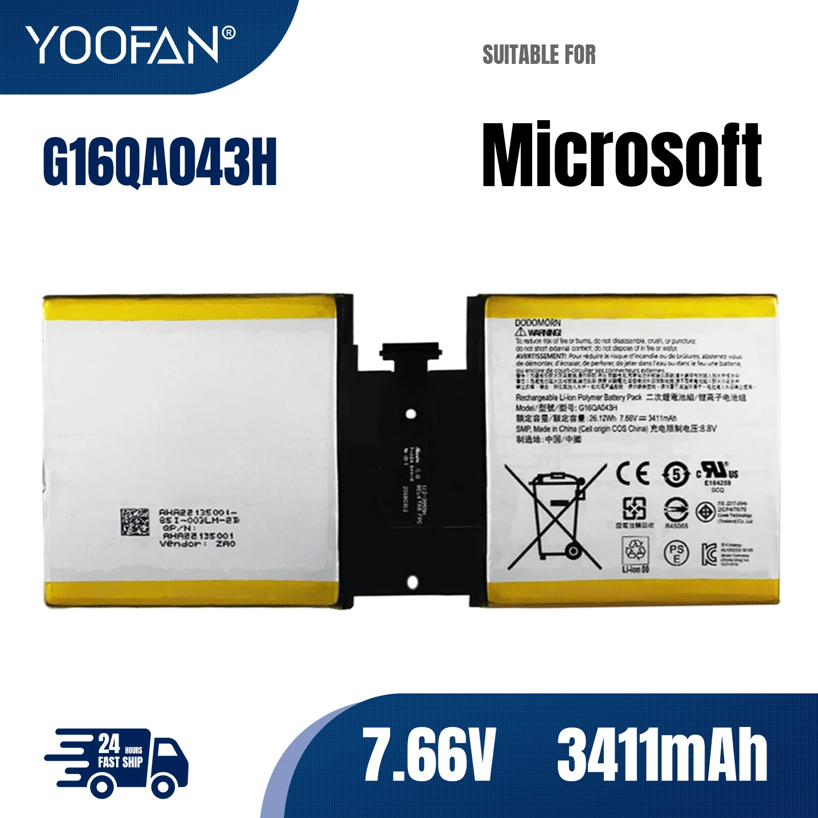 

YOOFAN New G16QA043H 2ICP4/76/76 Laptop Battery For Microsoft Surface Go 1824 4415Y Tablet PC 26.12Wh 3411mAh 7.66V