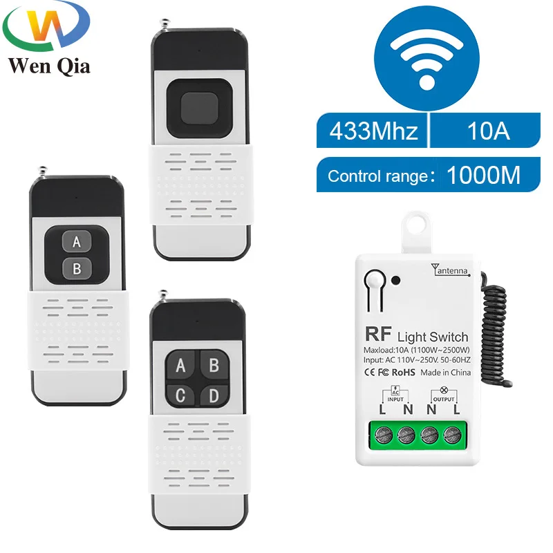 433Mhz Wireless Remote Control Switch AC110V 220V 230V 10A Relay Receiver 1000M for Factory Office Exhaust Fan Pump Ceiling Lamp