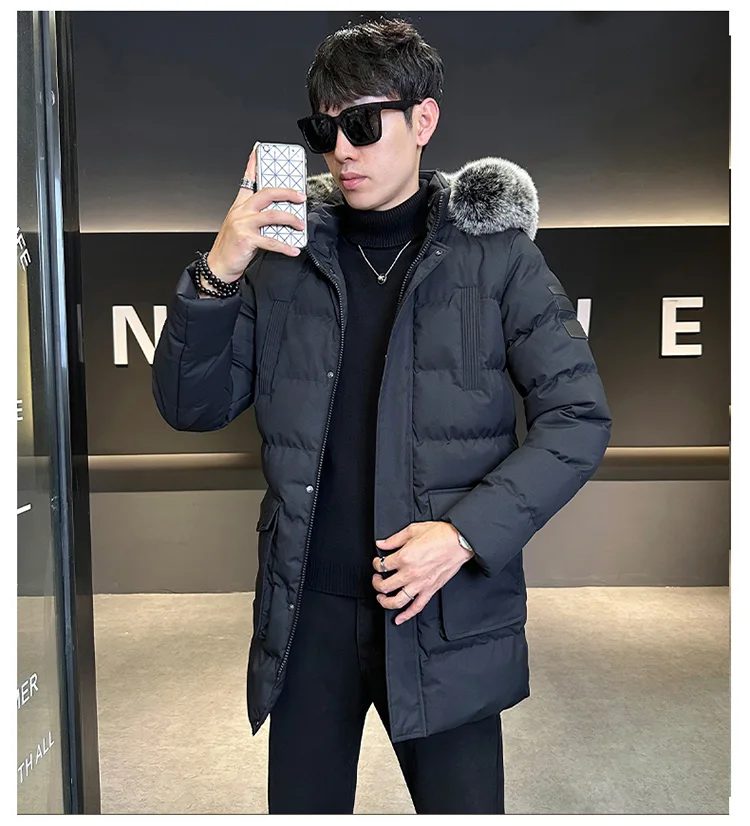Autumn Winter Main Push Mid Length Solid Color Hooded Cotton Coat For Men Plus Size Korean Style Thick Warm Unisex Youth Trendy