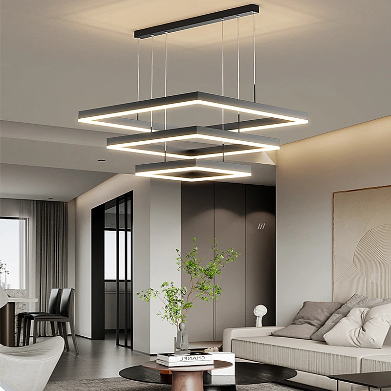 Modern Hanging Pendant Light Contemporary Acrylic Black New Design Square Lamp Dining / Living Room LED Chandelier