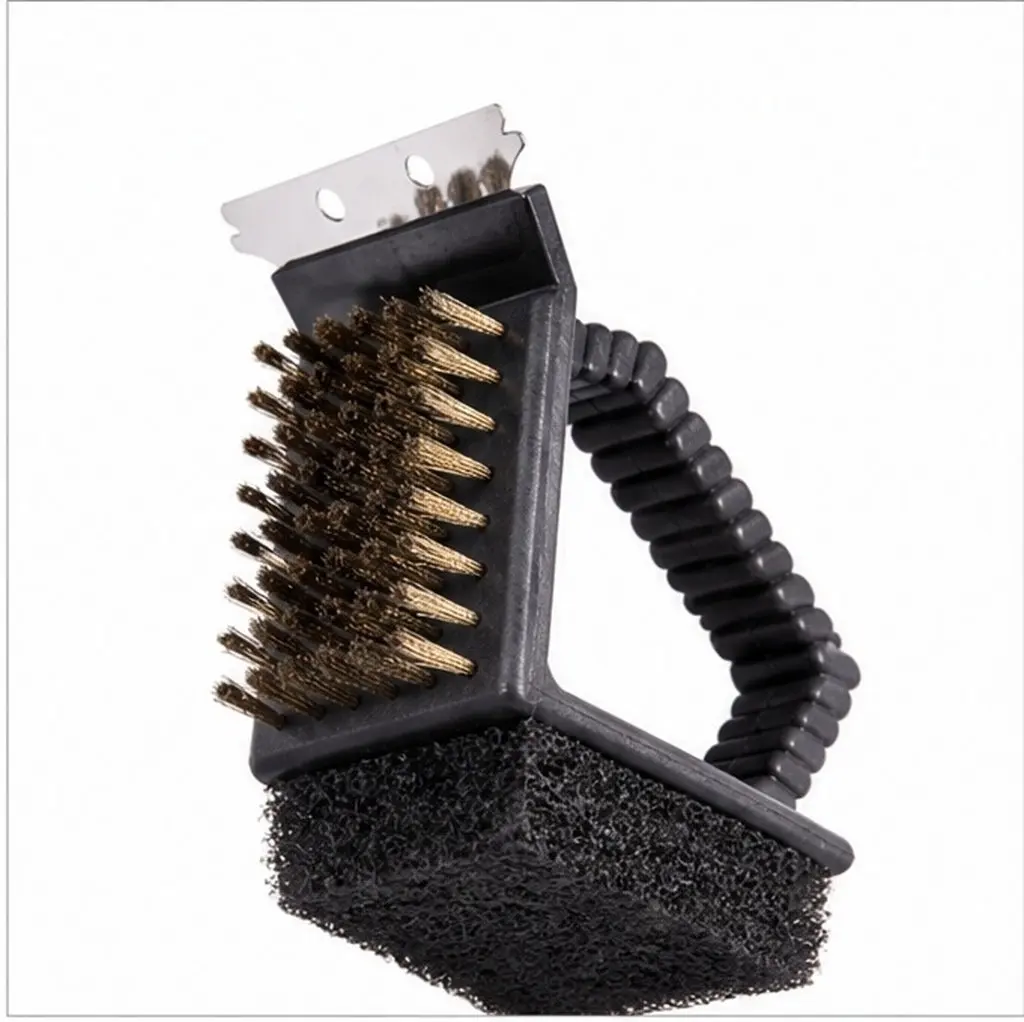 3-in-1 Barbecue Brush Grill Cleaner Stainless Steel Scraper Brass Bristles Heavy Duty Scourer Ergonomic Handle Bbq Cleaning