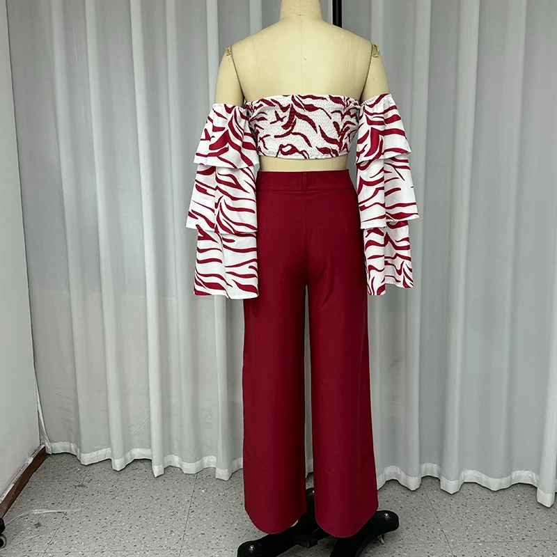 Wefads Autumn 2 Piece Set Women Fashion Printed Off Shoulder Strapless Flare Long Sleeve Top Loose Straight Pants Sets No Belt