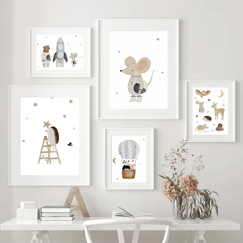 Boho Cartoon Bear Panda Mouse Balloon Aeroplane Poster Children's Room Kindergarten Nursery Canvas Painting Home Decor Wall Art