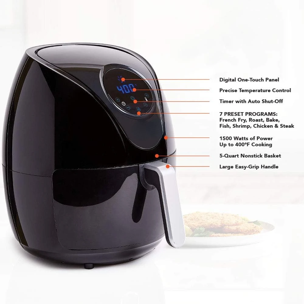 หม้อทอด Air fryer 7 QT MAXX Classic, ผัดอากาศร้อนพิเศษ, ปรุงอาหาร, กรอบ, ย่าง, อบ, เงาสูง, สีดำ (7 QUART) (HF-196DT)