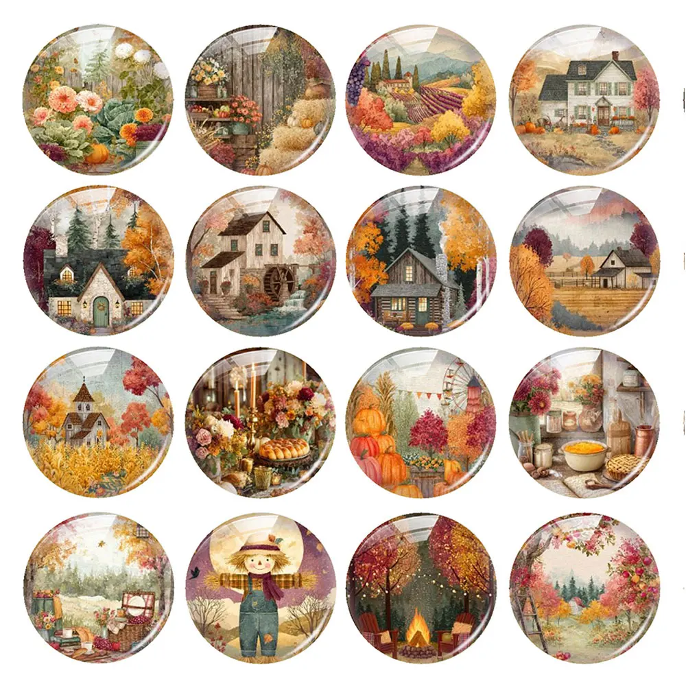 Random Mixed Round/Oval/Square Autumn Harvest Countryside Fall Photo Glass Cabochon Flatback Demo Cameo For Diy Jewelry Making