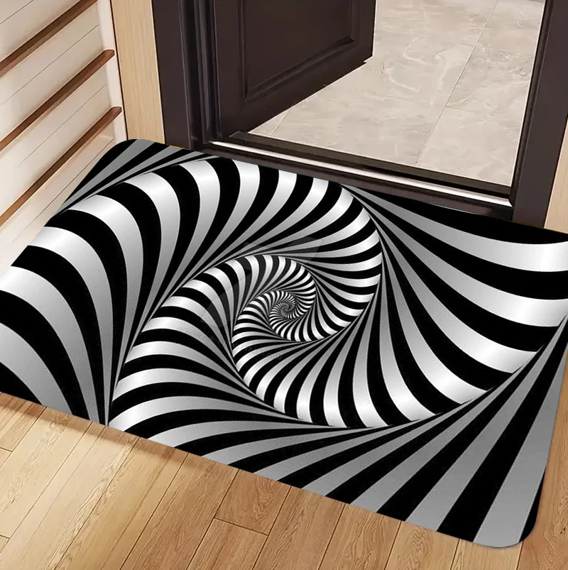 Trippy Black White Checker Vortex Optical Illusion Carpet Non-slip Washable Door Mat for Entryway Home Decoration
