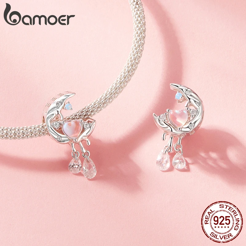 BAMOER Solid 925 Sterling Silver Pink Moonlight Charm Bead fit Original Bracelet & Necklaces Jewelry DIY bamoer Charm SCC2936