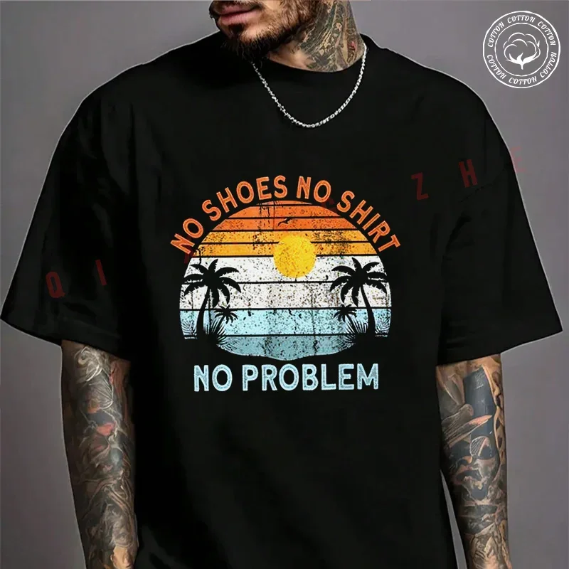 

No Shoes No Problem Coconut Tree Country Music Motorcycle Men's Fashion T-shirt Cotton Casual Summer Short Sleeve Tops