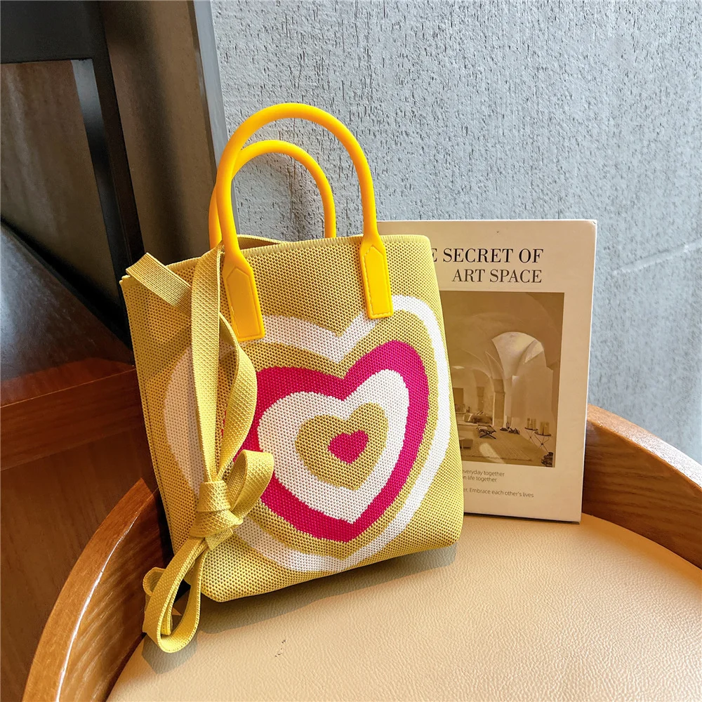 Fashion Knit Handbag Women Tote Shoulder Bag Heart Color Contrast Female Crossbody Bag Portable Ladies Beach Handbag ShoppingBag