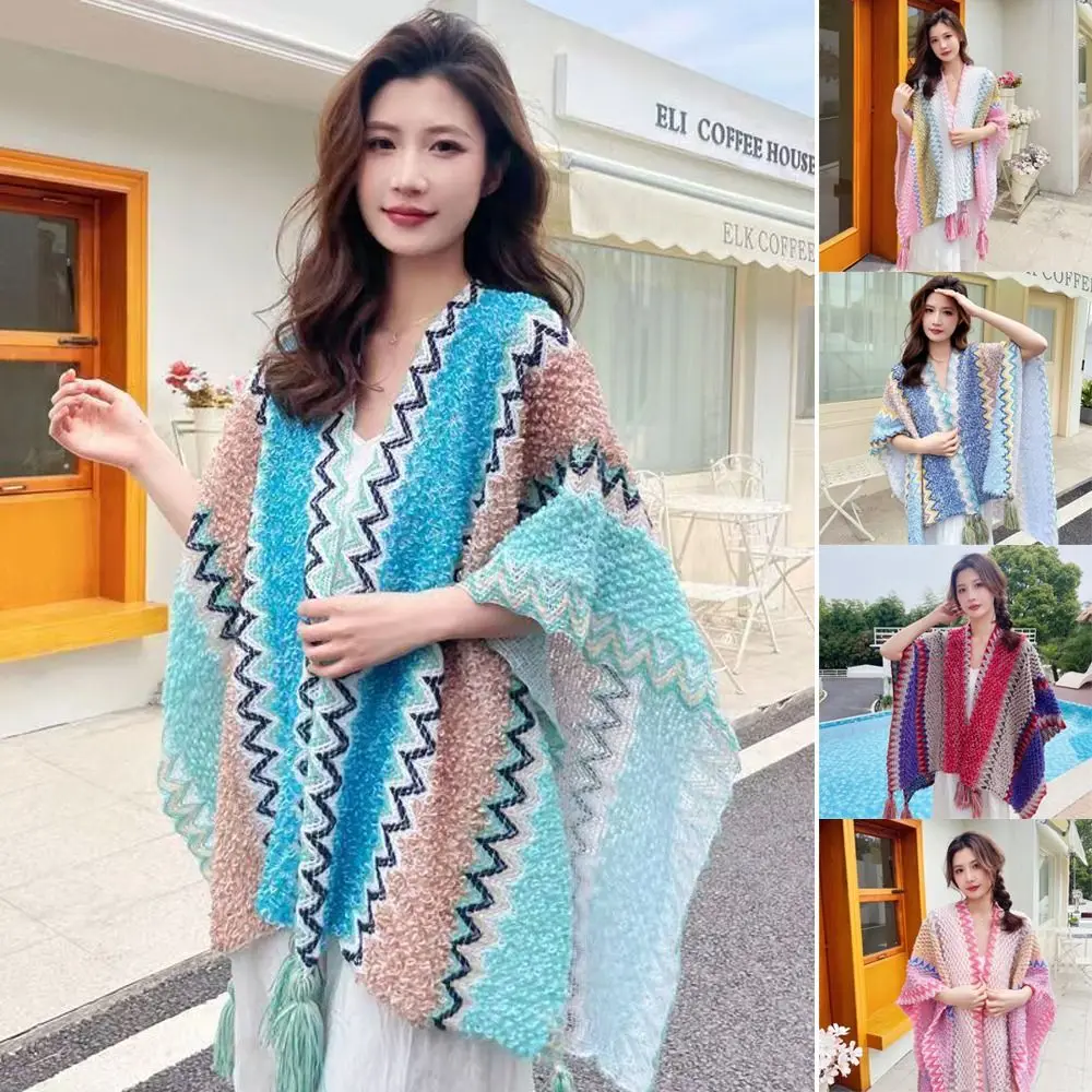 Women Fashion Bohemian Mongolian Poncho Winter Warm Striped Knitting Wraps Polyester Ethnic Style Knitted Cape Coat Overlays