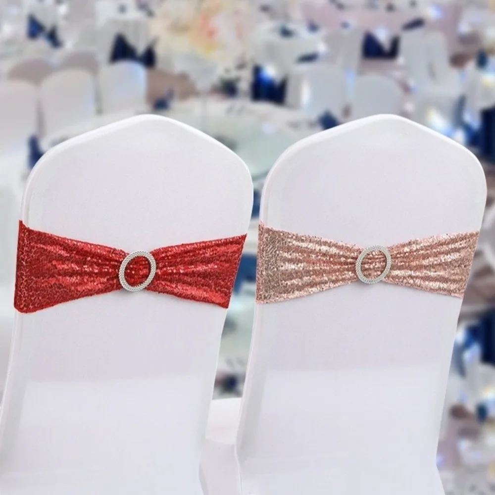 1PC Rhinestone Ring Buckle Sequin Chair Sash No-Tie Design Sequin Embellishment Stretch Chair Cover Stretch Elastic