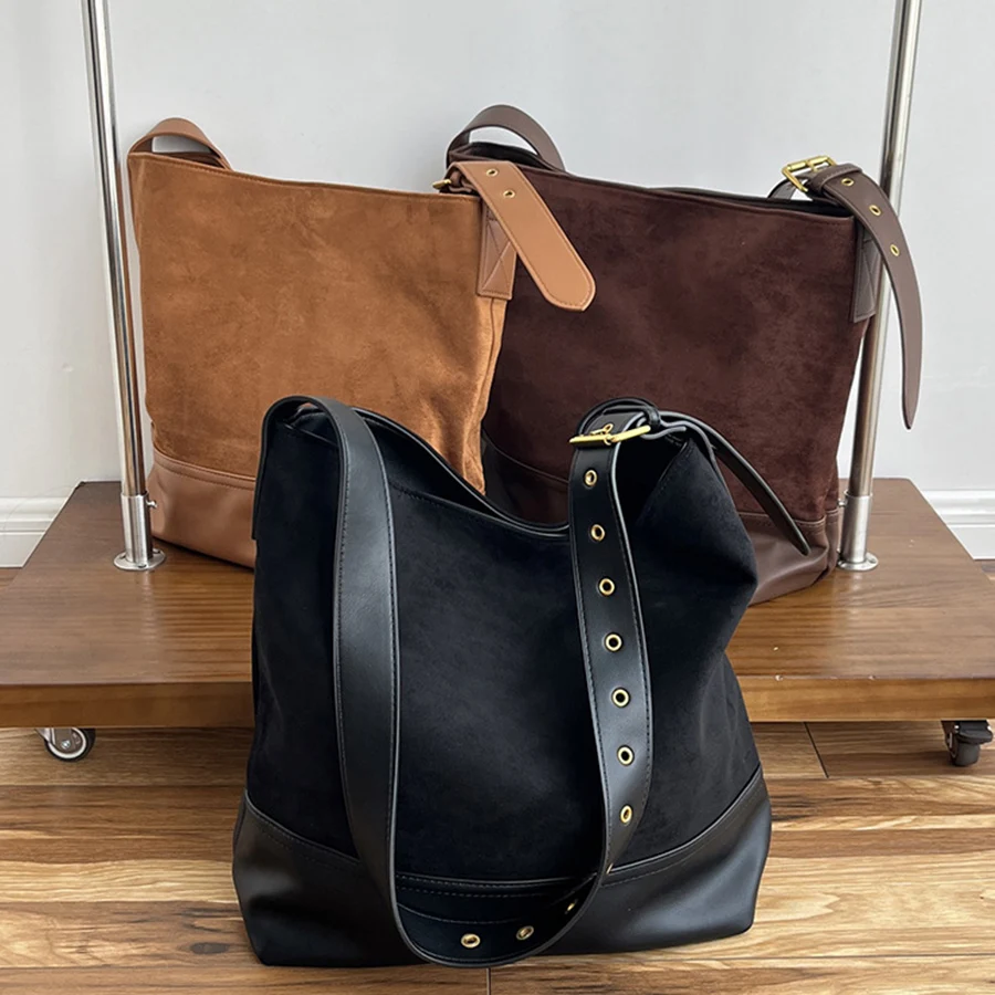 Autumn new vintage bucket bag with suede, large capacity, daily commuting single-shoulder crossbody bag, patchwork ladies' totes