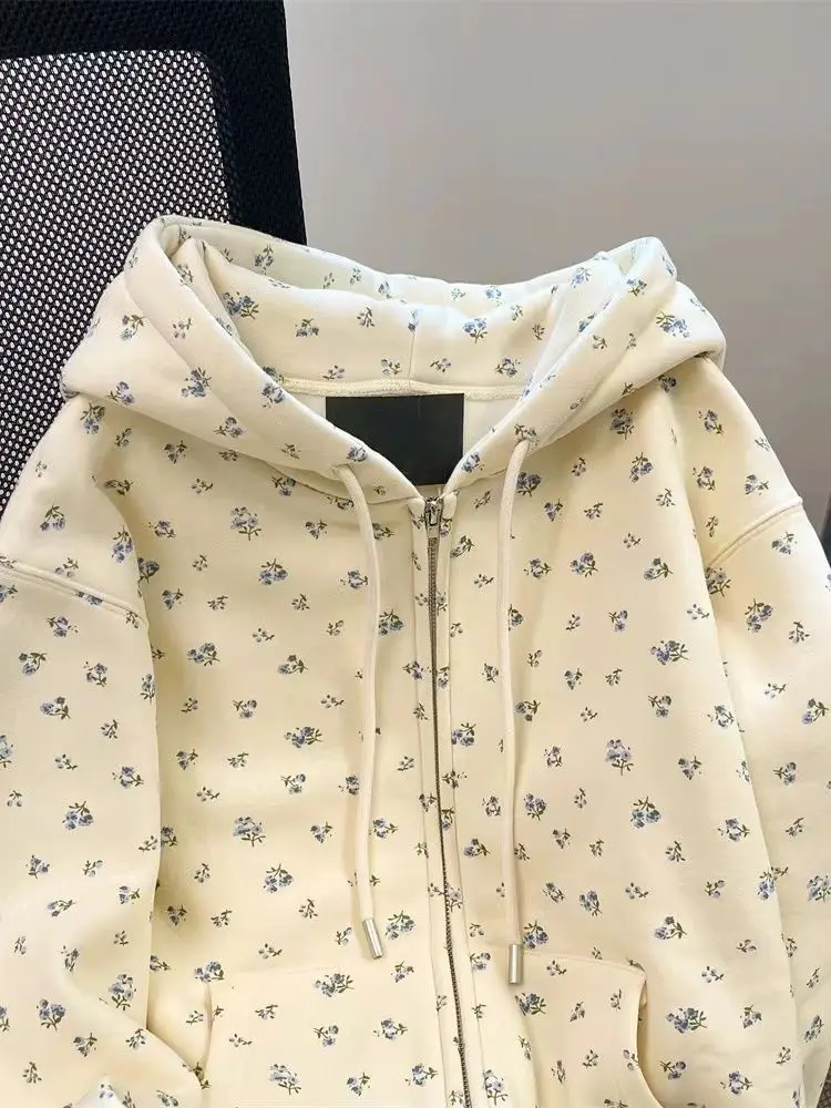 Dolce stampa floreale con cappuccio cardigan aperto felpa da uomo primavera autunno oversize allentato Fufu Fce Jaet cotone 00% lungo Sve