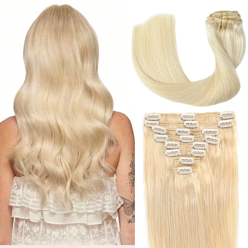 Straight Blonde Clip In Extensions 8 pcs/Set 100% Human Hair Full Head Hair Extension For Women Easy to Use Hair Clips #613