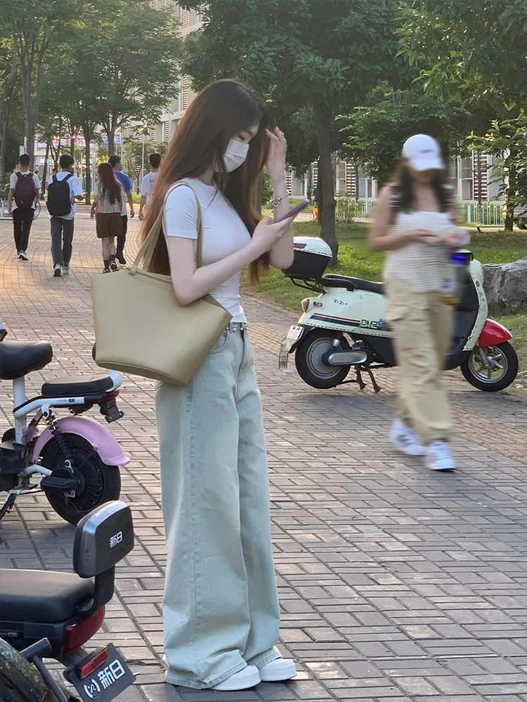 

Голубые тонкие джинсы, женские летние драпированные джинсы с высокой талией, свободные прямые широкие брюки, широкие джинсы с высокой талией