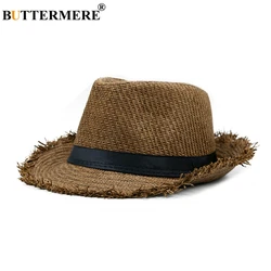 BUTTERMERE Brown Straw Beach Hat Men Women Summer Panama Cap Casual Fedora Hat Male Fashion Straw Hat UV Protection