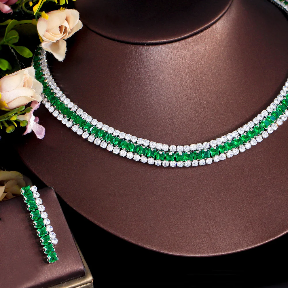 CWWZircons Sparkly Multiple Green Cubic Zirconia Pave Setting 2pcs Bridal Wedding Event Round Necklace Earring Jewelry Sets T719