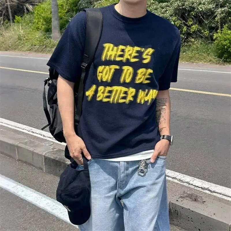 Print Textured Letter Round Neck Short Sleeve Men's T-shirt Summer Loose Fit Korean Style Casual Pullover Tops ZJMY