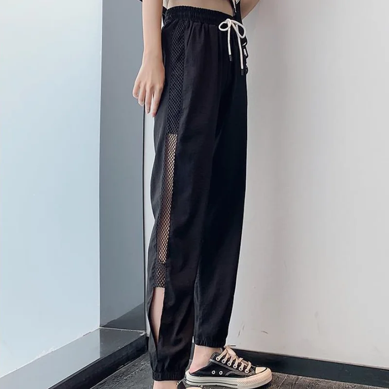 Pants Women Harem Trousers Ulzzang Mesh Side-slit Loose Hollow Out High Waist Street Wear Style Ankle-Length Trendy College Ins