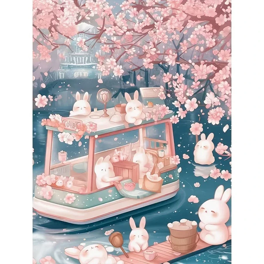 DIY Cherry Blossom Cute Rabbit Boat Diamond Painting, Pink Sakura Floating Bunnies Lake Oriental Pavilion Kawaii Wall Decor Gi