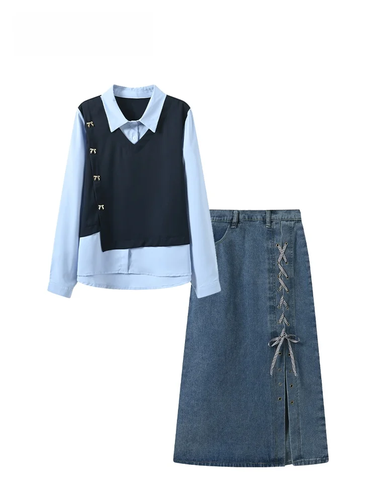 

Комплект из джинсовой рубашки и юбки Caraluba больших размеров для женщин: новинка ранней осени, универсальный комплект с длинным рукавом и юбкой