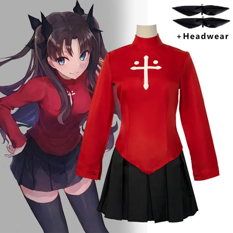 

Anime Fate Stay Night Tohsaka Rin Cosplay Costumes Girl Red Shirt Skirt Women Halloween Costumes Dress Headwear Role Play