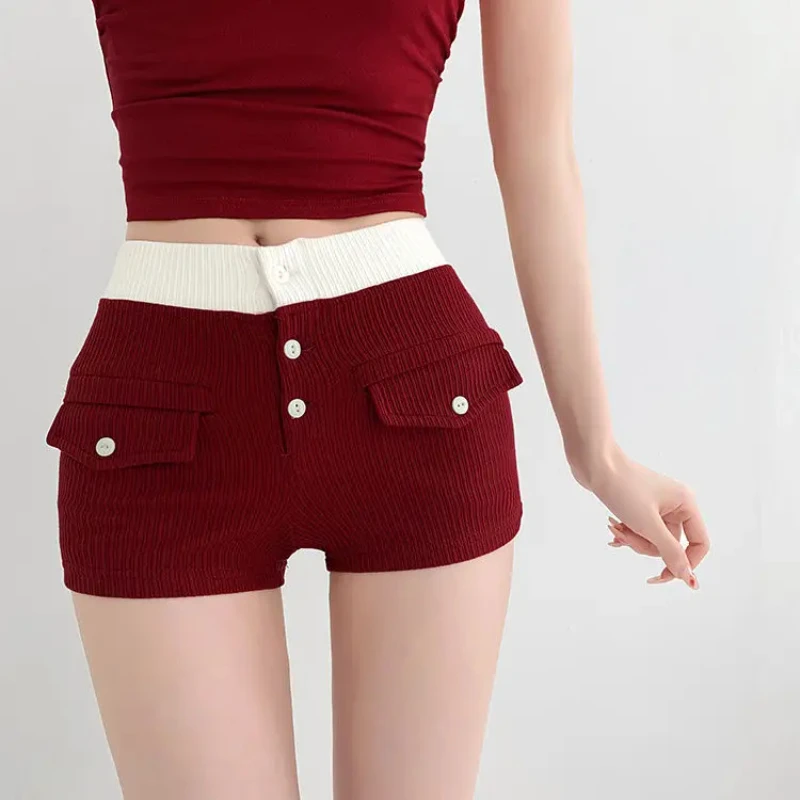 Pantaloncini in maglia Pure Y2k Donna Estate Sexy Colore a contrasto Vita bassa Tasca con bottoni Pantaloni corti Dolce Slim Fit Streetwear