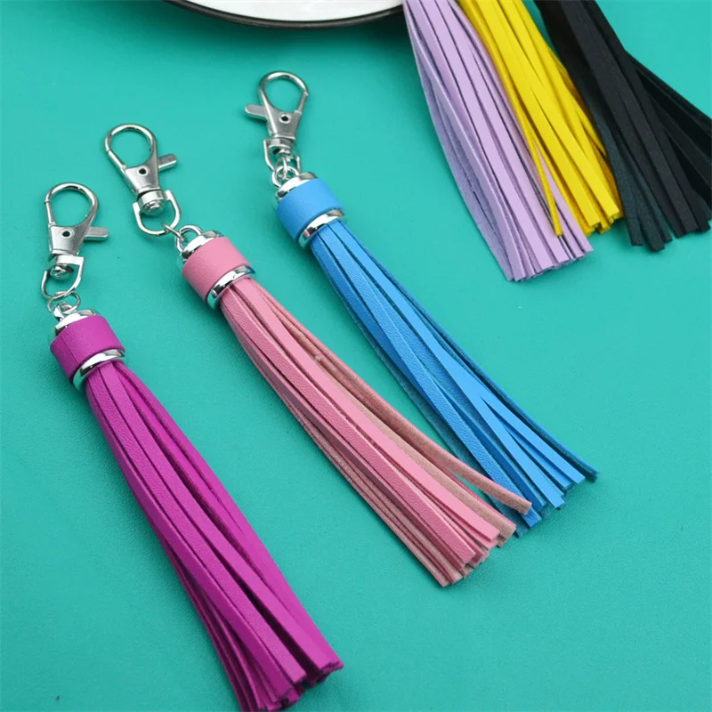 WFFNNKC 4-6Pcs Faux PU Leather Tassel Pendants Women Men Key Chain Silver Lobster Holders DIY Decorate Fashion Jewelry Accessory