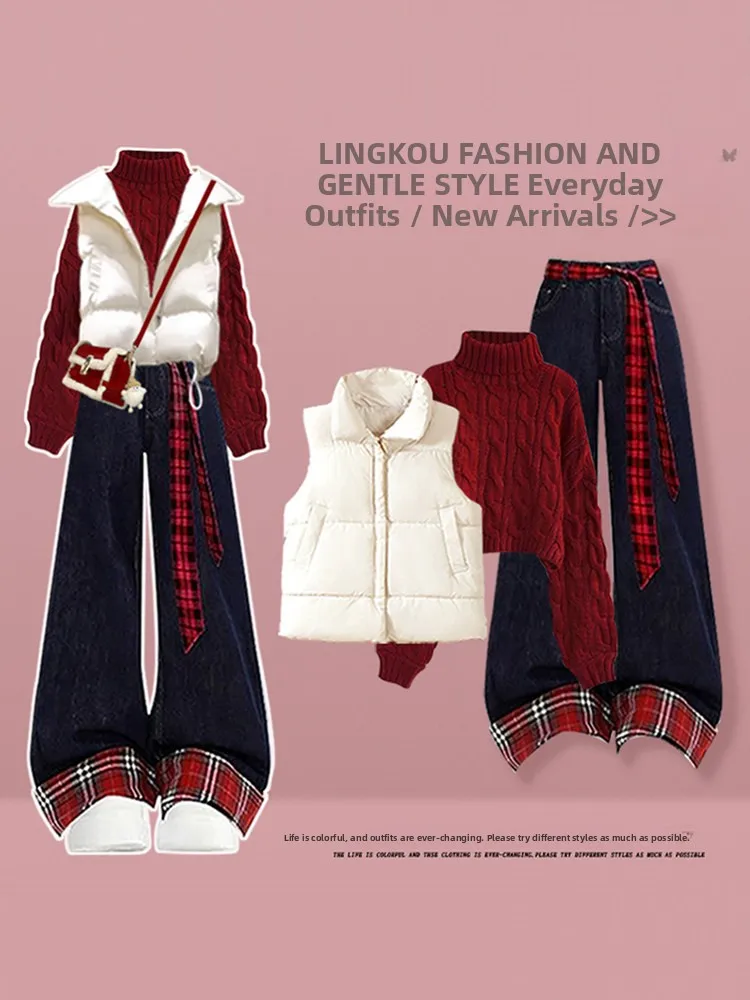 

Вязаный свитер и джинсы на тему Cisas для женщин, футболка Ele Sle, красный цвет, длинный све, круглый дизайн Ne Design