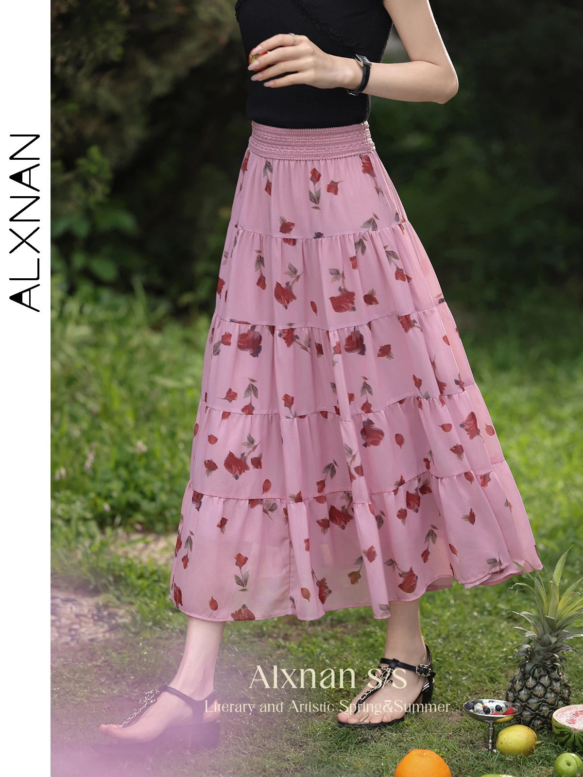 ALXNAN Floral Tiered Skirts for Women 2024 Summer New Midi A-line Print Boho Pleated Beautiful Elastic Waist Skirt Woman L36226