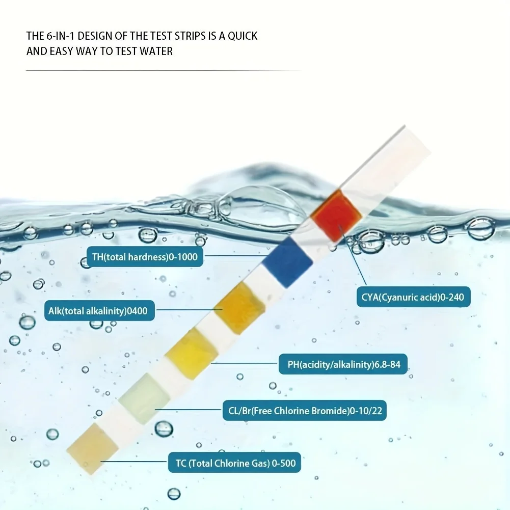 شرائط اختبار مياه حمام السباحة والسبا 6 في 1 - قياس دقيق لـ PH، الكلور، البروم، القلوية الإجمالية لاختبار مياه خزان الأسماك