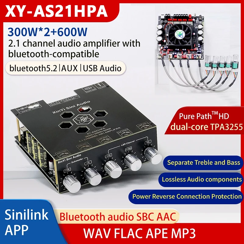 AS21 TPA3255 Bluetooth 5.2 2.1 Channel Power Audio Stereo Subwoofer Amplifier Board 300WX2+600W TREBLE Bass Note Tuning AMP