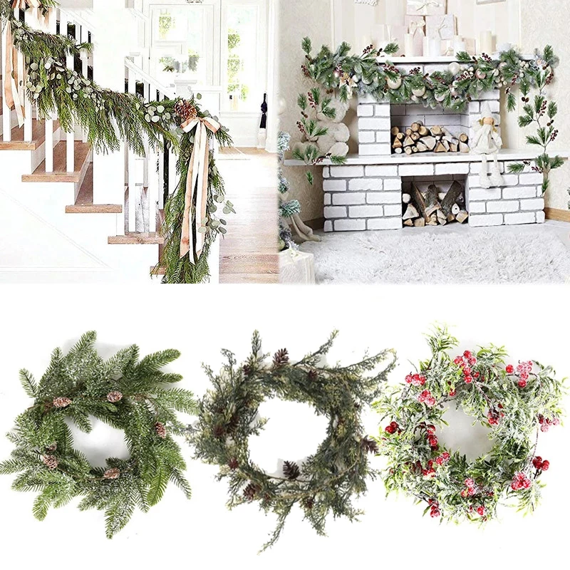 Artificial Christmas Garland Wreaths Pine Needles Berry Cone Rattan Home Party Decoration Hanging Ornament Fireplace Wall Decor