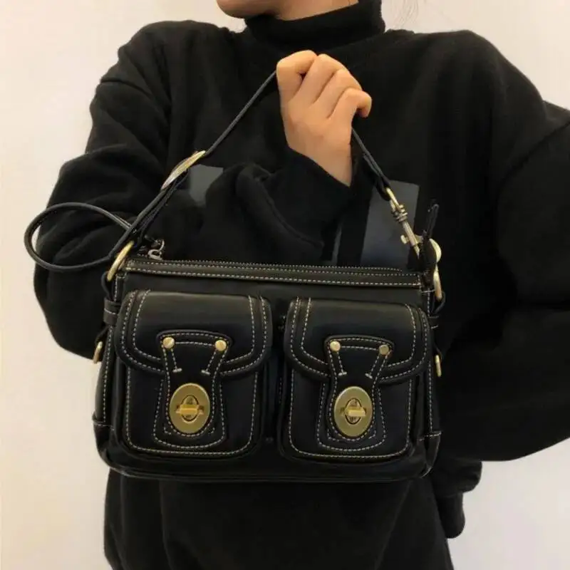 

Bloom Vintage Moto Biker Black Shoulder Bags Women Retro High Street Leather Chic Pocket Underarm Bag Ladies Y2k Handbag Purse