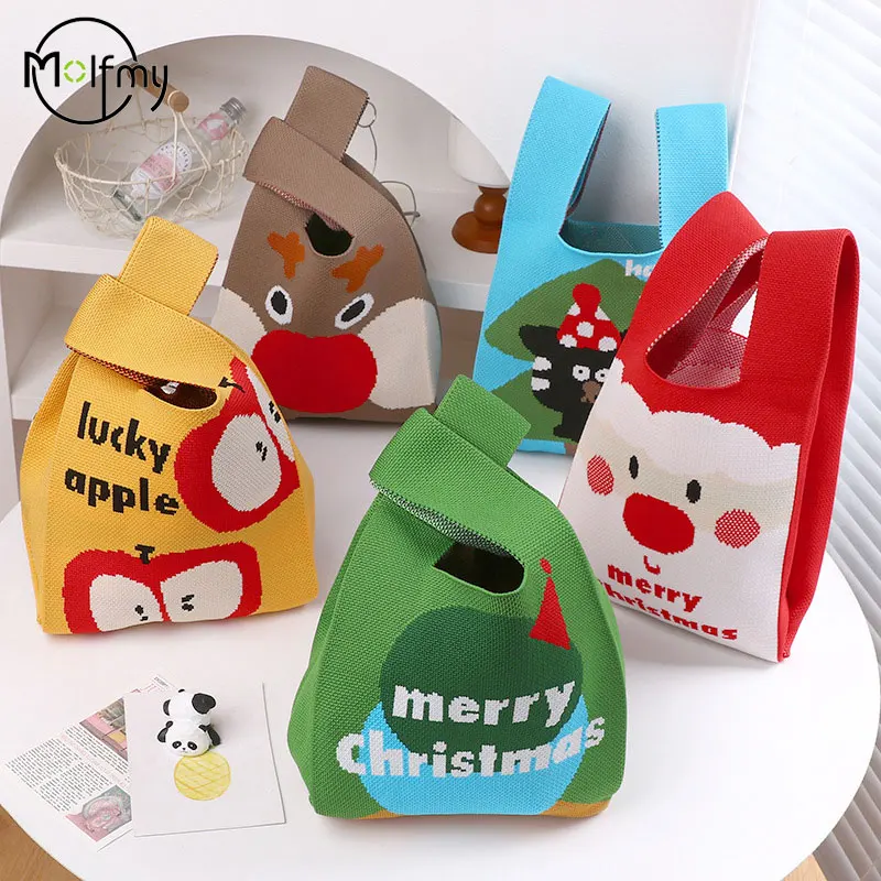 

Рождественские сумки для хранения, сумка на запястье с узлом, Санта-Клаус, снеговик, лось, вязаные сумки ручной работы, повседневная большая сумка, многоразовые сумки для покупок