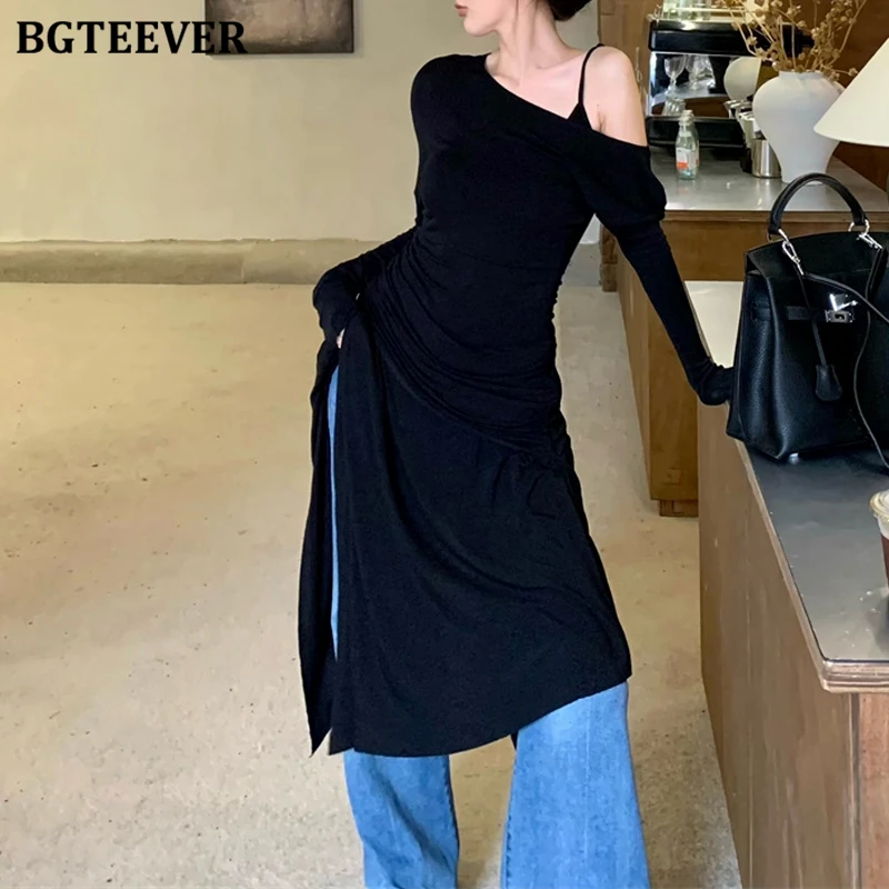 BGTEEVER Autumn Stylish Women 2 Pieces Dress Set Long Sleeve Skew Collar Irregular Dress & Sleeveless Package Hip Mini Dress