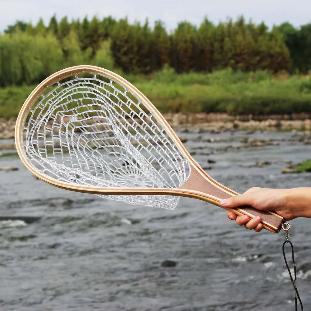 60cm Handheld Fishing Net Wooden Rubber Fly Fishing Landing Net Fishing Tackle Catching Releasing Tools Hand Net