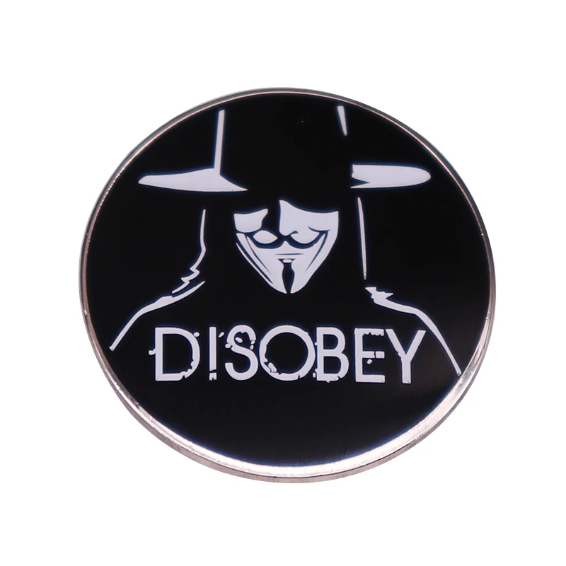 Disobey V For Vendetta badge White Mask Guy Fawkes face Anonymous enamel pin brooch